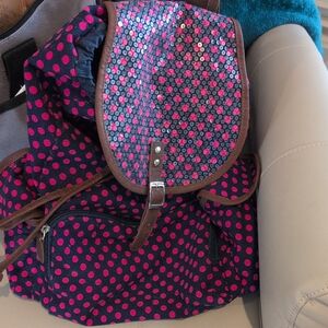 Trendy Polka Dot Backpack with Brown Trim